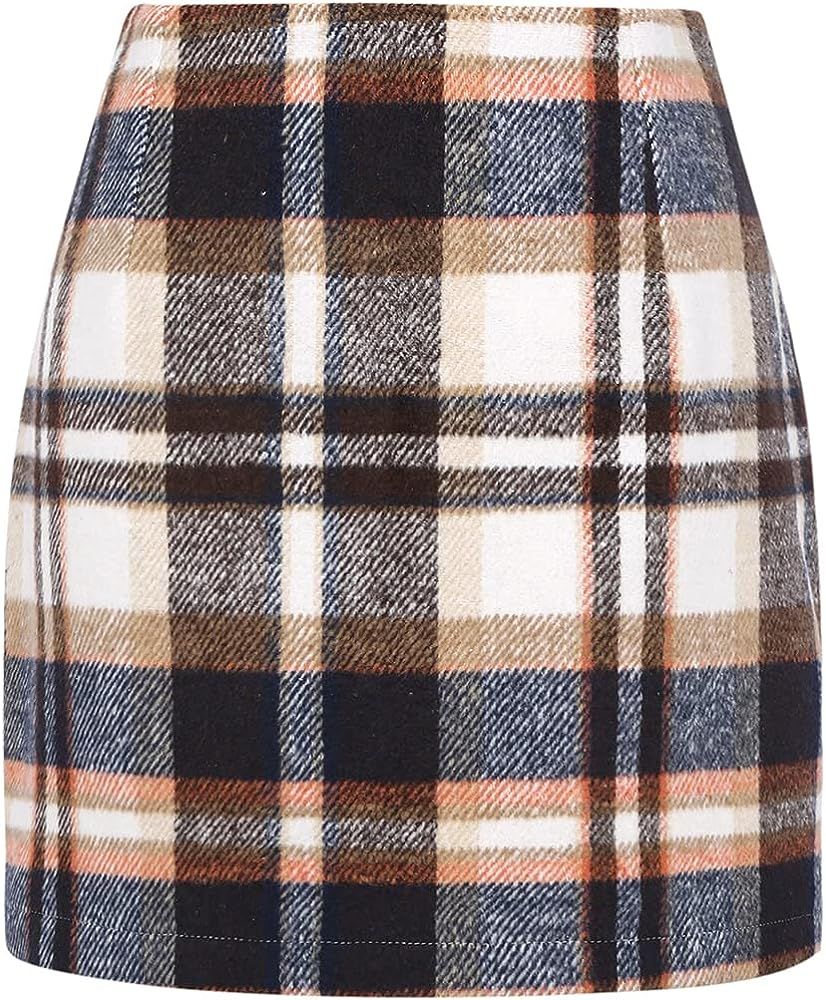 Womens High Waist Plaid Skirt Bodycon Pencil Wool Mini Skirts | Amazon (US)