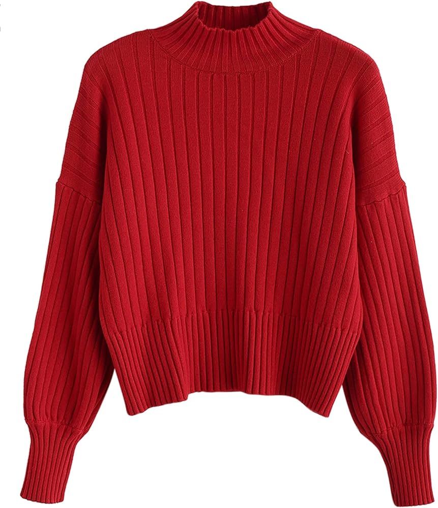 ZAFUL Women's Mock Neck Sweater Long Sleeve Ribbed Knit Basic Cropped Pullover Sweater (1-Red) at... | Amazon (US)