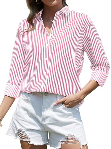 CUNLIN Pink and White Button Down Shirt Women for Long Sleeve Blouses Womens Tops Clothing Striped Shirts Boyfriend Collared Pink Size XS | Amazon (US)