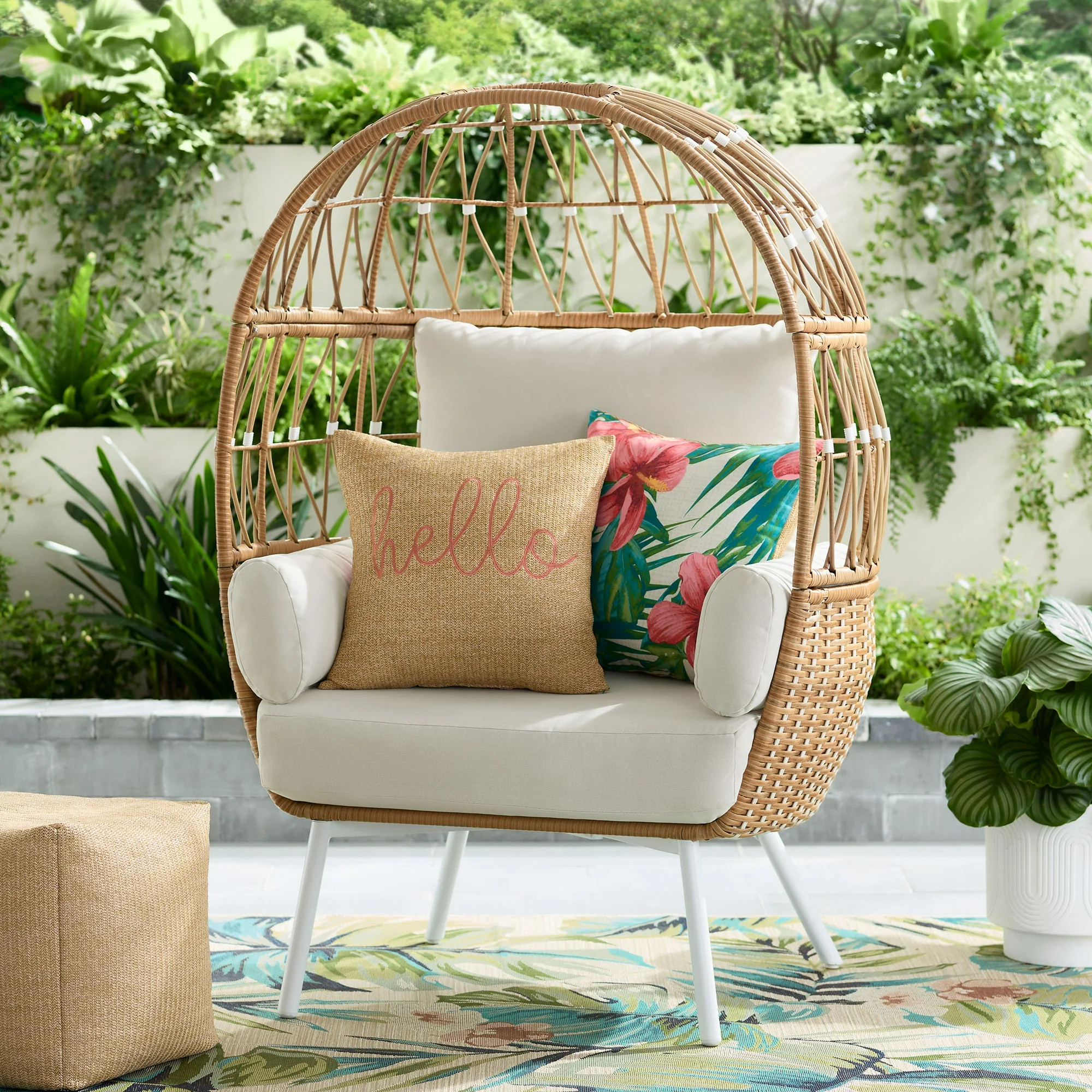 Better Homes and Gardens Lilah Boho Outdoor Stationary Wicker Egg Chair; White Color Cushion - Wa... | Walmart (US)
