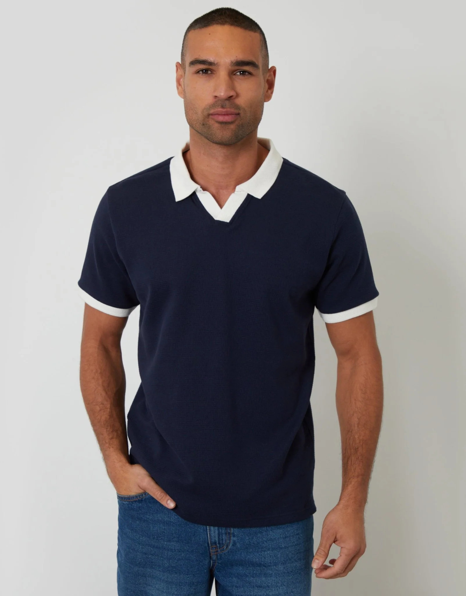Trophy Neck Waffle Polo Shirt in Navy | Threadbare
