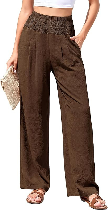 Women Palazzo Pants Summer Boho High Waisted Wide Leg Elastic Waist Long Lounge Pant Trousers wit... | Amazon (US)