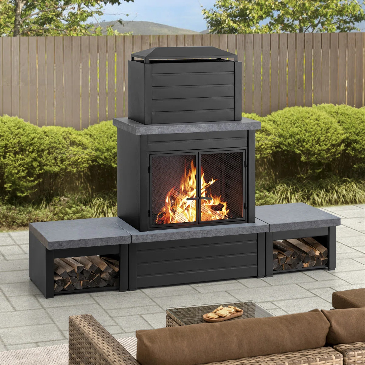 Sunjoy Outdoor Fireplace, Patio Wood Burning Steel Fireplace with Chimney, 2 Side Log Holders, Fi... | Wayfair North America