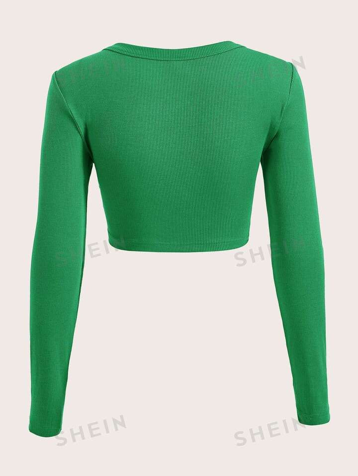 SHEIN EZwear Square Neck Crop Green Tee | SHEIN
