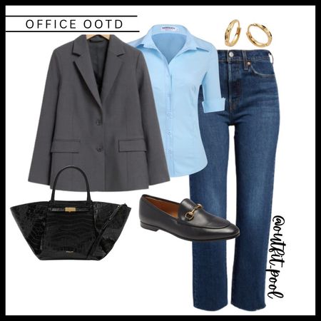 Workwear outfit, blue shirt, jeans, grey blazer, black loafers, black bag, spring outfit 

#LTKfindsunder50 #LTKstyletip #LTKworkwear