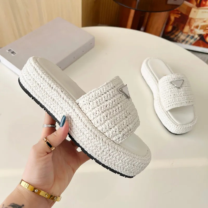 Designer Womens Platform Slippers Sandals Woven Solid Color Hardware Triangle Logo Heightening Sh... | DHGate
