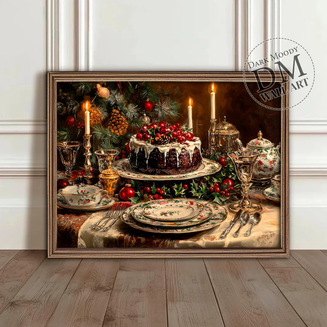 Christmas Pudding Printable Wall Art, Festive Holiday Table Scene, Digital Download - Etsy | Etsy (US)