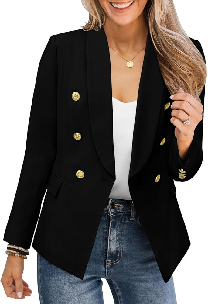 CRAZY GRID Womens Casual Blazer Jacket Gold Button Long Sleeve Work 0ffice Blazer Lapel Jacket | Amazon (US)
