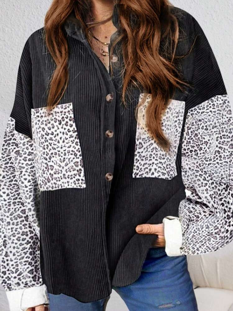 INAWLY Plus Size Women's Solid & Leopard Print Patchwork Long Sleeve Casual Jacket, For Winter Fall Autumn | SHEIN