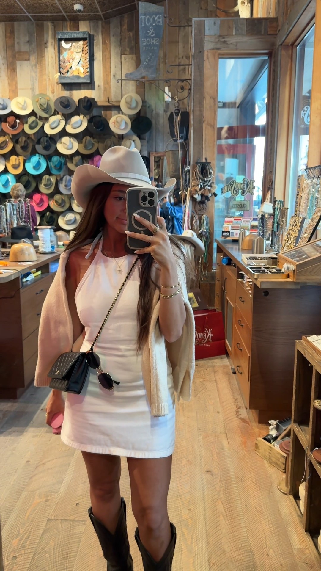 Cowboy hat shopping in this cute mini denim halter dress!! 

#LTKFallSale #LTKSeasonal #LTKPetite