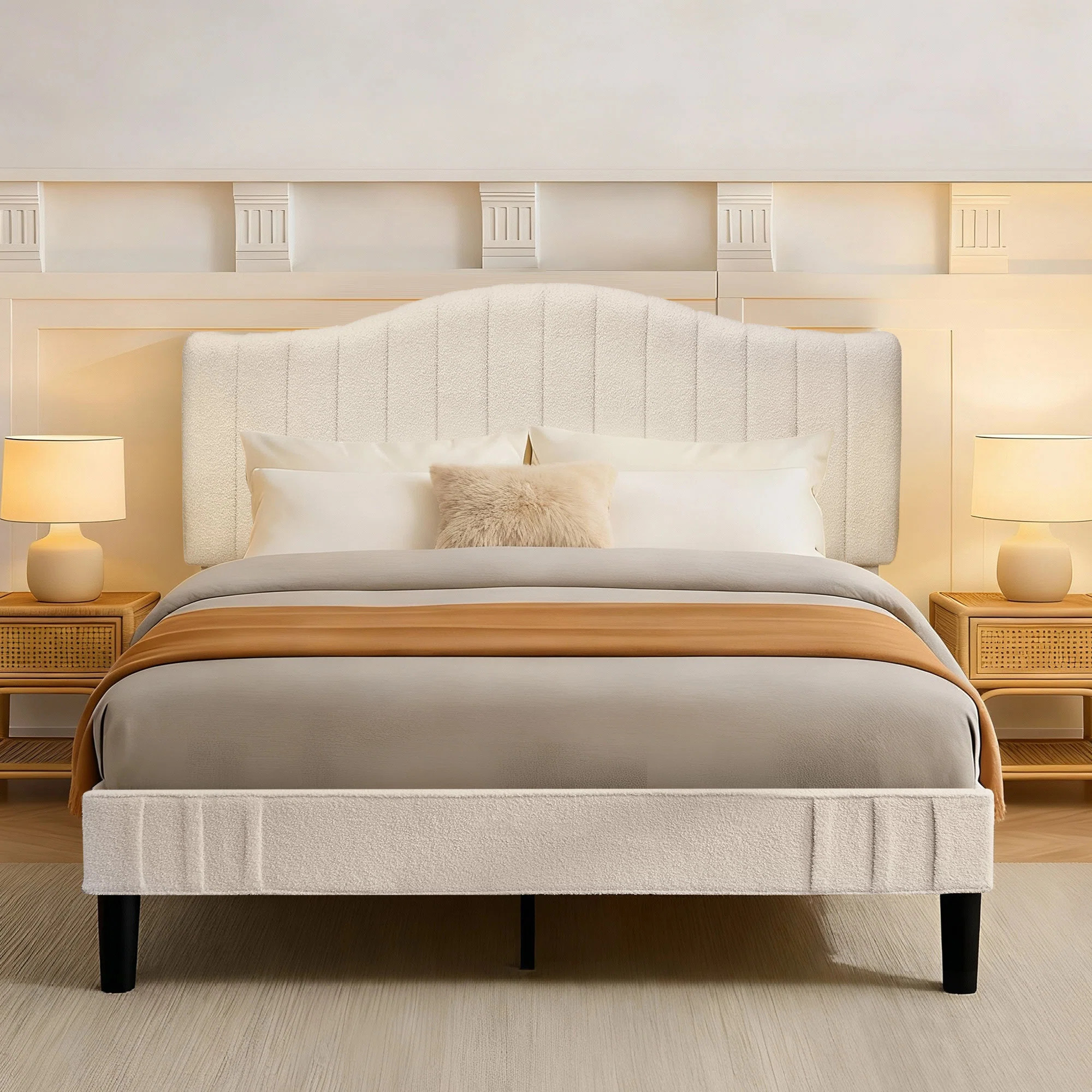 Full Size Beige Teddy Fabric Upholstered Platform Bed Frame with Height-Adjustable Headboard, Noi... | Wayfair North America