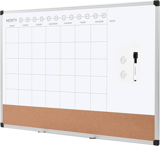 Amazon Basics Monthly Calendar Whiteboard Dry Erase and Cork Board, Silver Aluminium Frame, 24 x ... | Amazon (US)