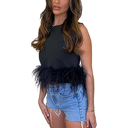Women Feather Top Sexy Sleeveless Fluffy Fur Tank Crop Top Cami Vest Tops Party Club Night Evening Rave Streetwear (A-Black, M) | Amazon (US)