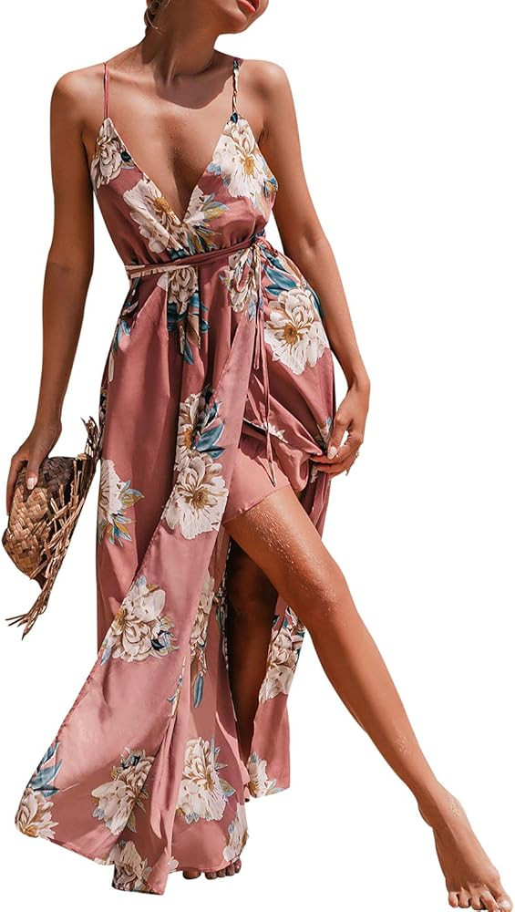 BerryGo Women's Sexy Deep V Neck Backless Floral Print Split Maxi Party Dress | Amazon (US)