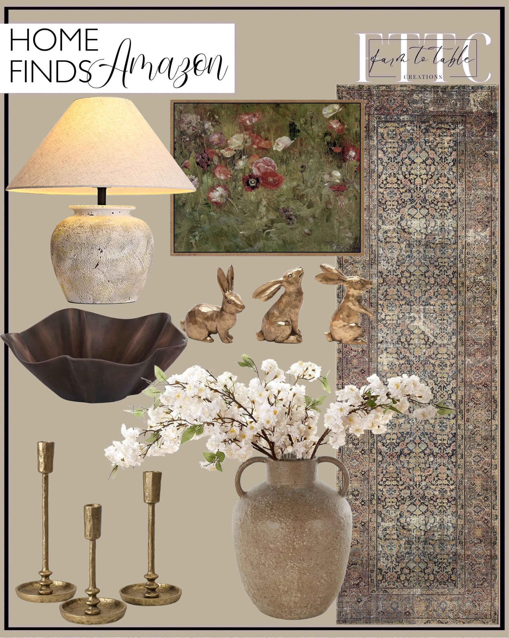 Amazon Home Finds.  Follow @farmtotablecreations on Instagram for more inspiration.

Loloi Amber Lewis Morgan Collection Denim/ Multi. Decorative Handled Vase. Golden Bunny Statues. Rustic Cast Iron Taper Candle Holder - Set of 3. Decorative Metal Bowl. Framed Canvas Art. Artificial cherry blossoms. Round Table Lamp. 

Amazon Home | Console Table | Dining Room | Dining Room Artwork | Bathroom Finds | Bedroom Finds | Bedroom Furniture | nightstands | Home Decor| Fireplace Decor | Spring Refresh |  Bedroom Finds | Neutral Stems | Spring Stems | Bookshelf Decor | Bedroom Space | Cozy  Corner | Bathroom | Curated Entryway | Spring  Decor | End of Year Clearance | Trending Decor | Viral Decor  | Coffee Table Decor | Neutral Decor | Fall Stem Sale | Target Finds | Skinny Bench | Bedroom | Living Room | Breakfast Nook | Amazon Home | Target Sale | Loloi Rugs | Magnolia Home | console table | console table styling | faux stems | entryway space | front porch decor | neutral decor | entryway decor | cozy home | affordable decor |  home decor | home inspiration | console styling | entryway rug | cozy moody home | moody home decor | neutral home | bathroom decor | living room | spring decor | Hearth & Hand | Studio McGee | 2025 Home Trends | trending home | Crate&Barrel 


#LTKFindsUnder50 #LTKHome #LTKSaleAlert