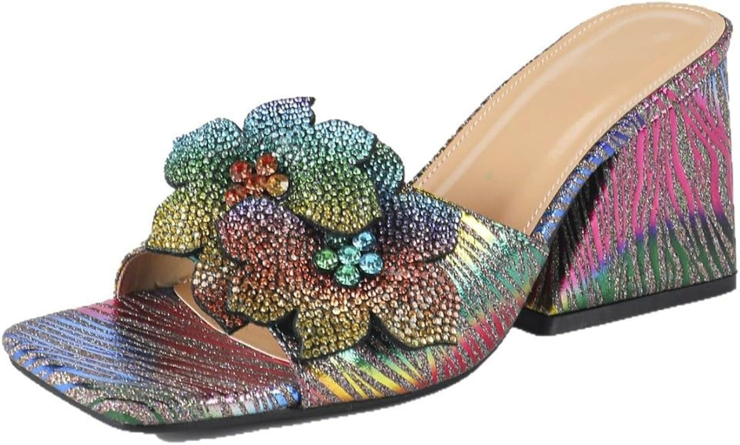 Womens Square Open Toe Colorful Heels Slip On Chunky Heel Mules Sparkly Rhinestones Summer Unique... | Amazon (US)