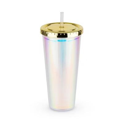 Blush Iridescent Cute Drink Tumbler | Reusable, Leak-Proof, Travel, Clear Plastic, Slim, Iced Coffee Cup with Seal, Screw-On-Lid, and Straw, 24oz | Target