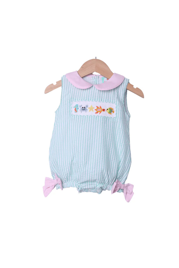 Smocked Sea Creatures Seersucker Bow Bubble | The Smocked Flamingo