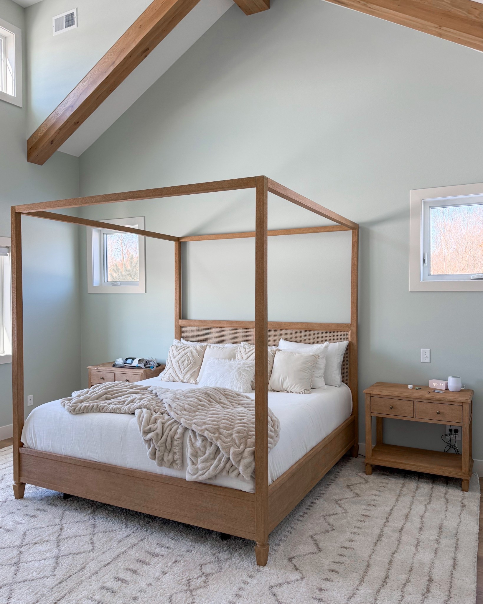 A peek at our brand new master bedroom!
Sausalito canopy bed
Sausalito night stands
Lola blanket 
Casaluna comforter 40% off!
Shaggy rug 
Sherwin Williams sea salt paint 

#LTKHome #LTKdayinmylife #LTKSaleAlert