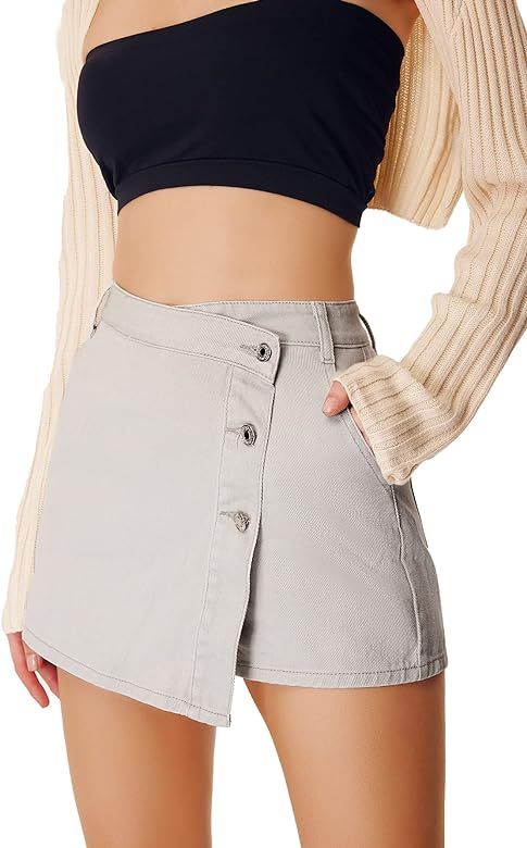WDIRARA Women's High Waisted Button Front Denim Skort Asymmetrical Hem Skirt Shorts | Amazon (US)