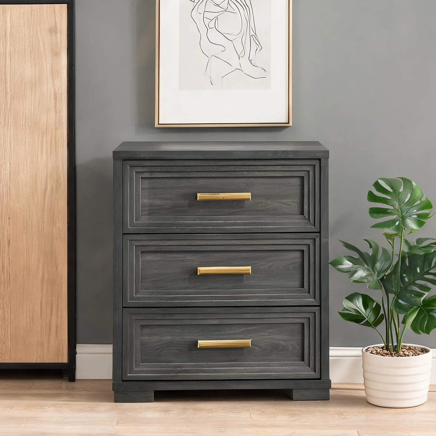 Naturefalls Nightstand in Charcoal Wood featuring Storage Drawers 27.6 x 17.7 x 29.4 in for Bedroom | 5XE832BTH3CD | Lowe's