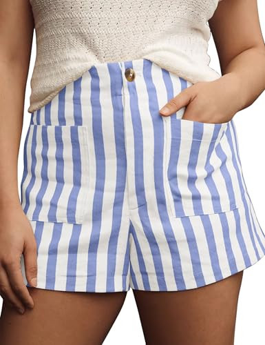 Sujama Women Striped Linen High Waisted Elastic Button Shorts 2024 Summer Y2k Color Block Boxer Shorts with Pockets Sky Blue | Amazon (US)