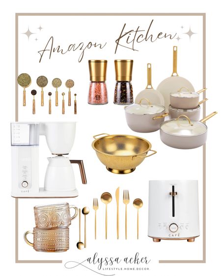 The cutest Amazon gold inspired  kitchen essential!! Cafe appliances are high end and aesthetically pleasing!! 

Kitchen Pots & Pans
Colander
Salt and Pepper Shaker
Coffee Pot 
Toaster 
Measuring Spoons 
Gold Utensils 

#LTKfamily #LTKstyletip #LTKhome