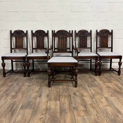 Vintage Jacobean or English Tudor Design Oak Dining Chairs - Complete Set of 6 | eBay US