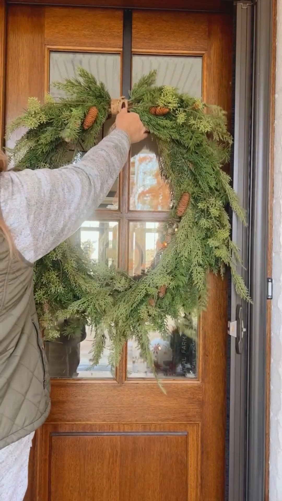 For my front door wreaths I like to use and over the door adjustable metal wreath holder. Works great and no holes required, plus they never fall down. From Amazon 

#LTKSeasonal #LTKHome #LTKHoliday