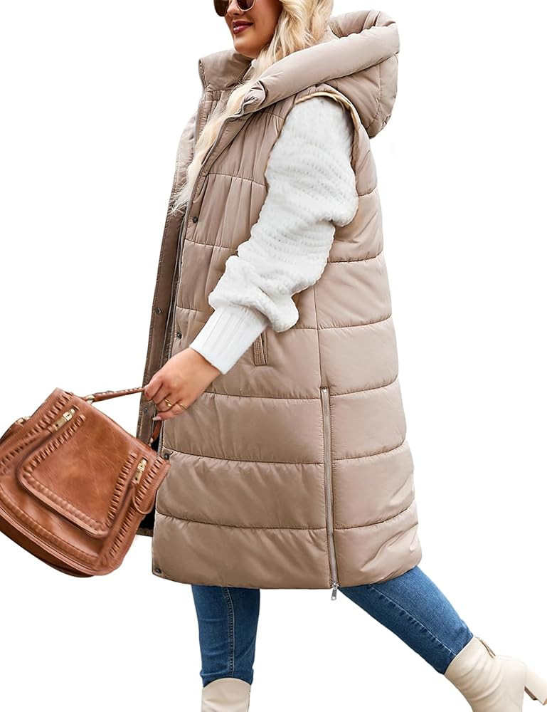Plus Size Long Puffer Vest Women Winter Sleeveless Puffy Jacket with Hood Zip Up Quilted Vest 202... | Amazon (US)