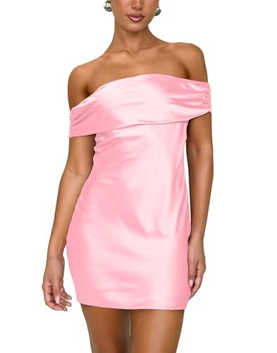 HYPERFIRE Women's Off The Shoulder Satin Mini Dress Tie Back Party Cocktail Dresses Pink Small | Amazon (US)