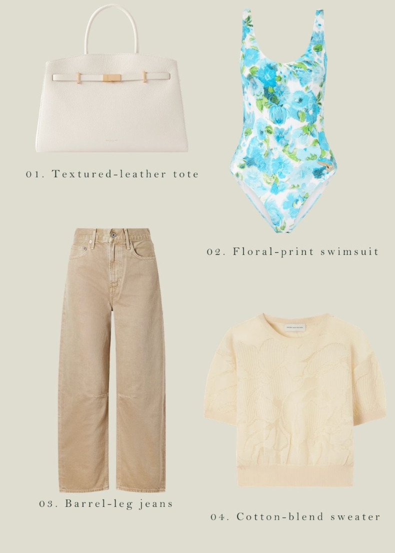 My luxury wishlist from Net A Porter. Swimsuit, spring style, luxury spring outfits. Leather tote bag and barrel leg jeans. Feminine style. 

 #LTKspring #LTKunboxing #LTKstyletip