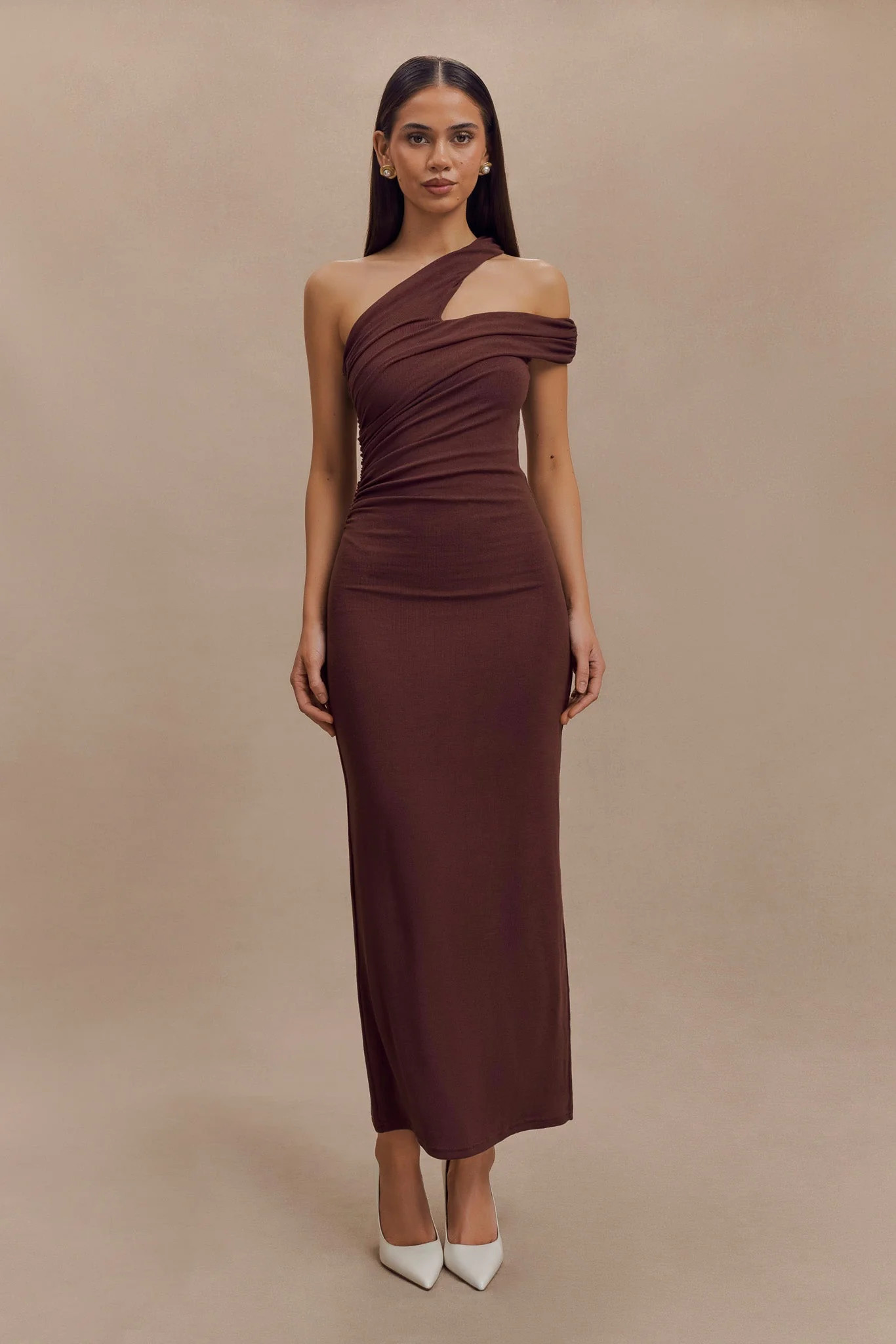 Anastasia One Shoulder Modal Midi Dress - Mahogany | MESHKI US