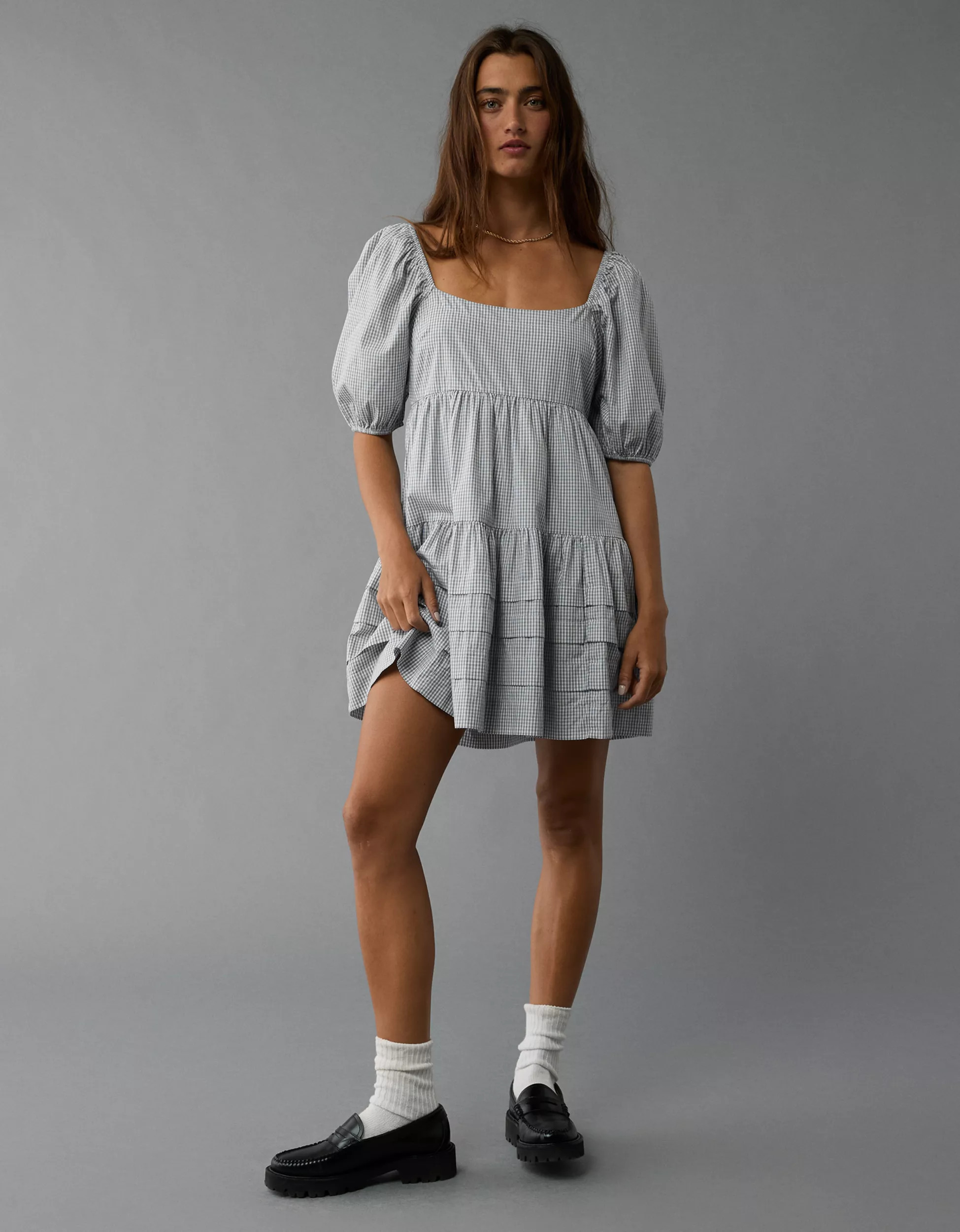 AE Puff Sleeve Tiered Babydoll Mini Dress | American Eagle Outfitters (US & CA)