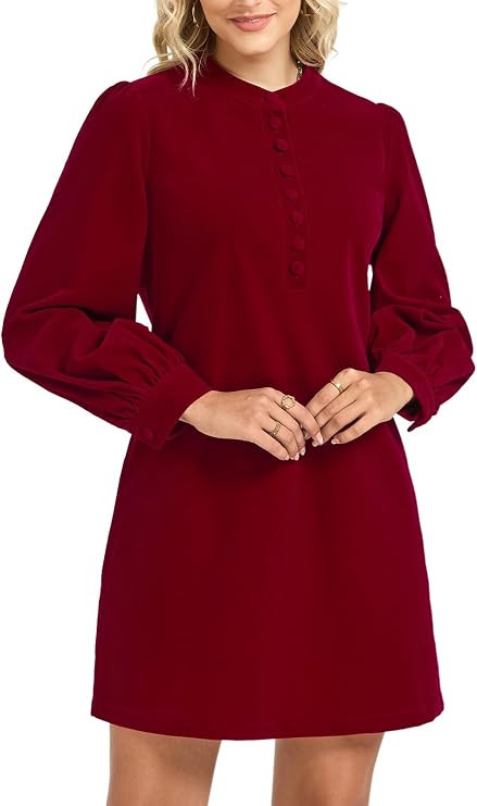 Women Fall Velvet Dress Long Puff Sleeve Button Up Shift Dress Wedding Guest Holiday Party Cockta... | Amazon (US)