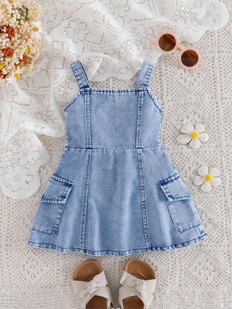 Toddler Girls Casual Minimalist Streetwear Blue Denim Spaghetti Strap Overalls Dress, Summer | SHEIN