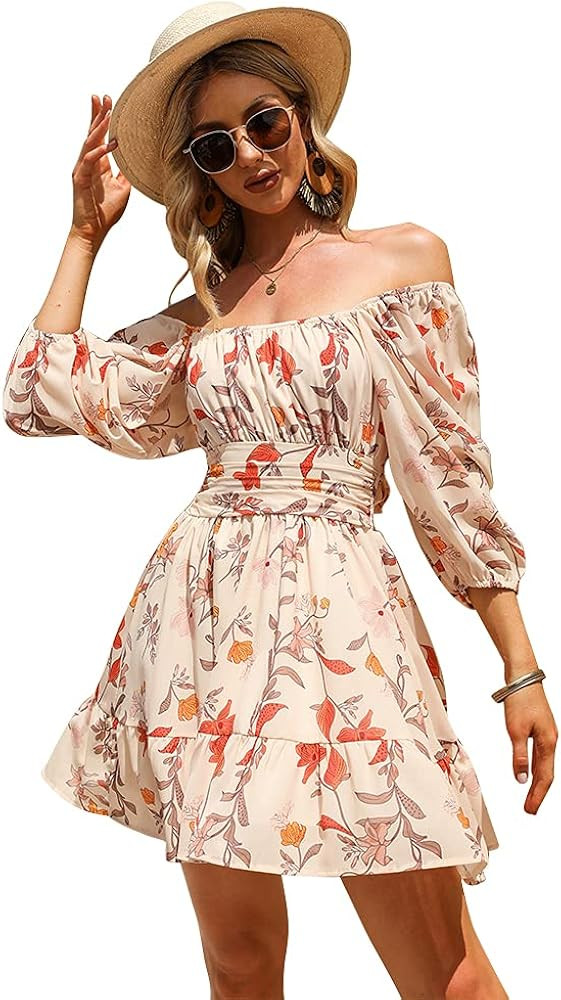 Exlura Women's Lantern Sleeve Tie Back Dress Ruffled Off Shoulder A-Line Vintage Mini Dress | Amazon (US)