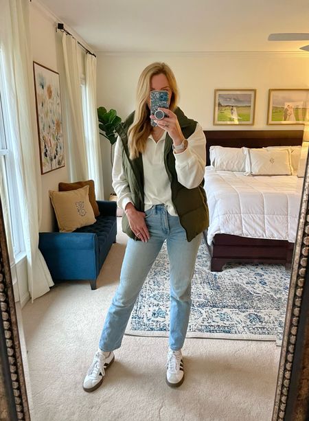 Weekend outfit of the day - back in my favorite puffer vest - it fits oversized. I’m in my normal size and could have sized down. Great amazon find!

Casual outfit idea for late winter or early spring
White sweatshirt with collared polo neckline & straight leg jeans in light blue wash.

#LTKfindsunder50 #LTKstyletip #LTKMostLoved