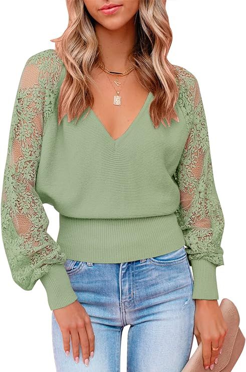 ZESICA Women's V Neck Lace Patchwork Solid Color Long Sleeve Casual Knit Pullover Sweater Tops | Amazon (US)