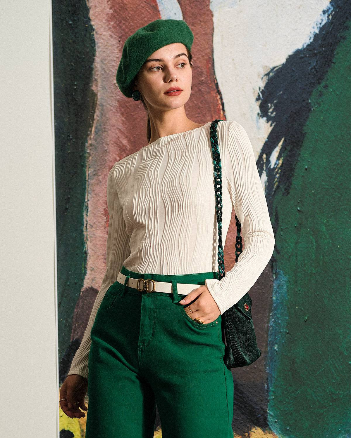 The White Water Ripple Textured Tee - Women's Textured Long Sleeve V Neck Tee - White - Tops | RI... | rihoas.com