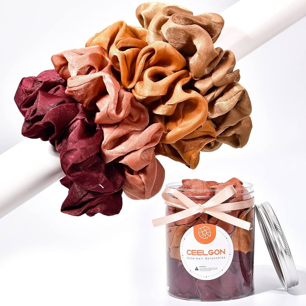 XL Big Silk Scrunchies Hair Ties for Women - CEELGON Oversized Brown Satin Silk Scrunchie Exra La... | Amazon (US)