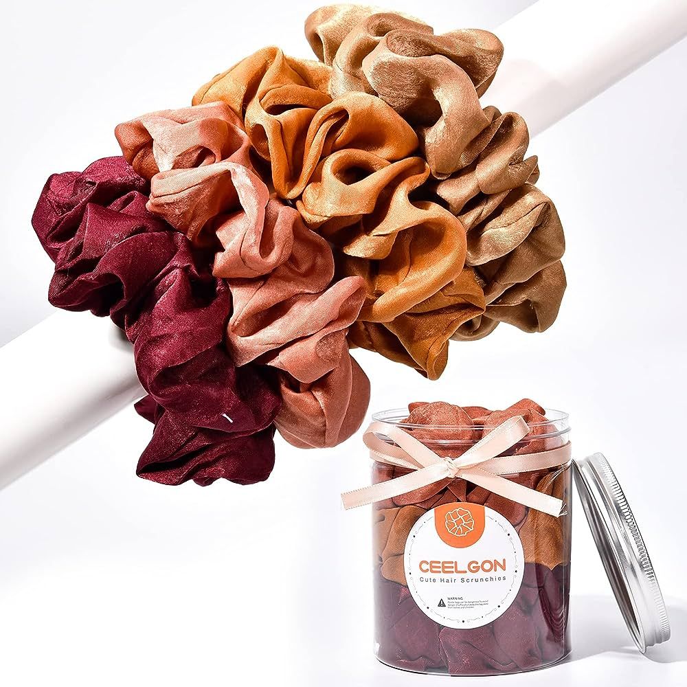 XL Big Silk Scrunchies Hair Ties for Women - CEELGON Oversized Brown Satin Silk Scrunchie Exra La... | Amazon (US)
