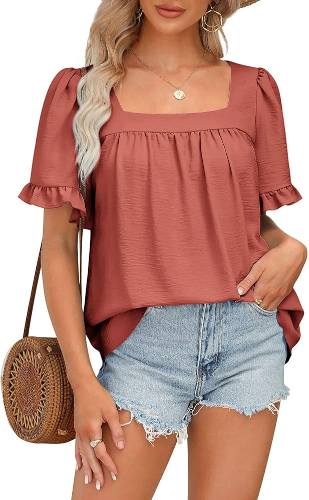BZB Womens Summer Peplum Tops Sqaure Neck Ruffle Sleeve Blouses Fit Flowy Shirts S-2XL | Amazon (US)