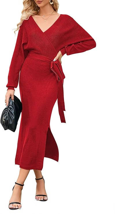 Pink Wind Women's Long Sleeve Sweater Dress 2023 Fall Winter Dress V Neck Wrap Knit Dress with Be... | Amazon (US)