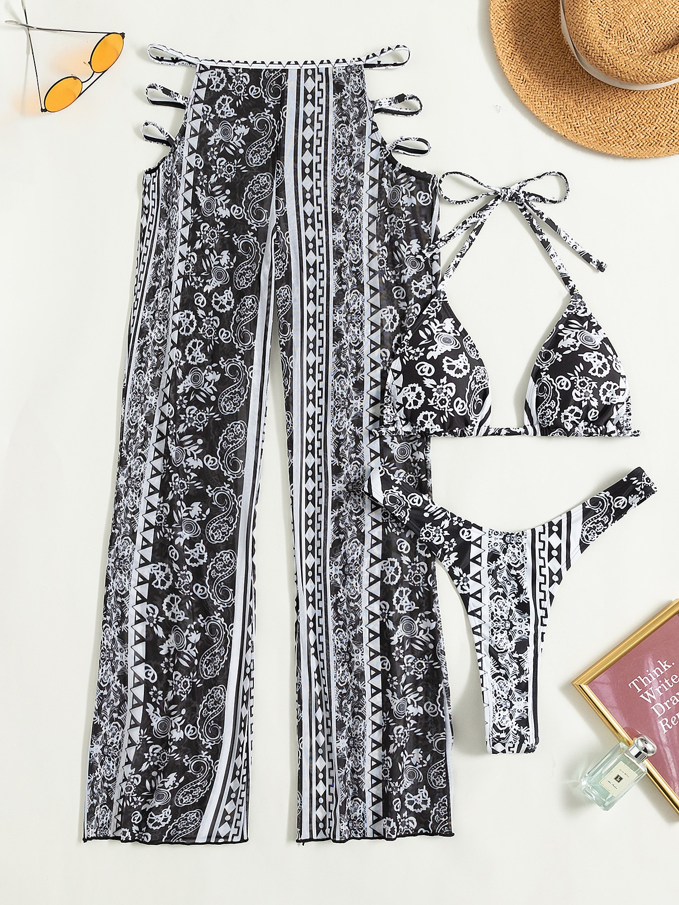 3pack Allover Print Triangle Bikini Swimsuit & Cover Up Pants | SHEIN