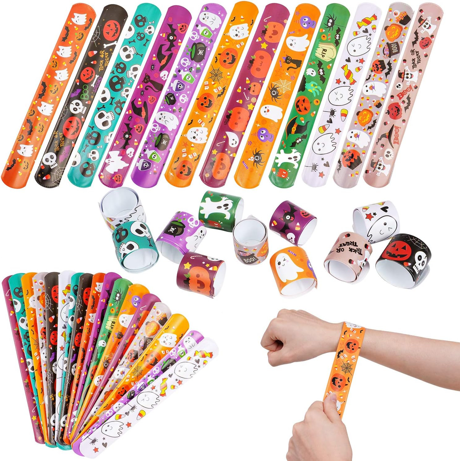 CCINEE 48pcs Halloween Slap Bracelets Assorted Bulk Pumpkin Zombie Witches Snap Bracelet Wristbands for Kids Halloween Party Gift Bag Filler Supply… | Amazon (US)