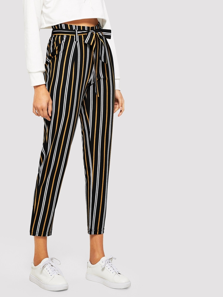 Striped Self Tie Waist Pants | SHEIN
