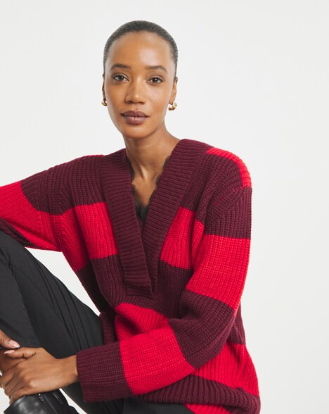 Red Stripe V Neck Lace Trim Jumper | JD Williams (UK)