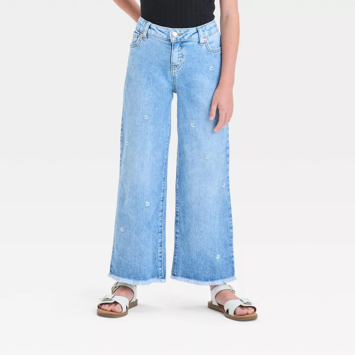 Girls' Mid-Rise Floral Embroidery Wide Leg Jeans - Cat & Jack™ Light Wash | Target
