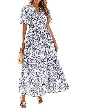KIRUNDO Women Puff Sleeve Boho Floral Maxi Dress 2025 Spring Summer Button Shirt V Neck Flowy Bel... | Amazon (US)